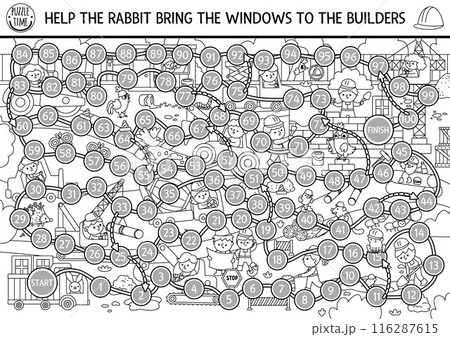 Construction site black and white dice board game for children with kid builders, transport, bulldozer, truck, crane. Building works line boardgame. Repair service printable activity, coloring page 116287615