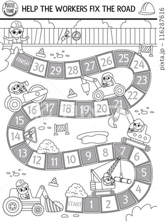 Road works black and white dice board game for children with kid drivers, transport, bulldozer, tractor, crane. Construction site line boardgame.  Track repair service printable activity or coloring 116287616