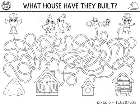 Construction site black and white maze for kids with animals, builder, houses. Building works preschool printable activity, labyrinth game, coloring page or puzzle with worker, birds, homes Construction site black and white maze for kids with animals, builder, houses. Building works preschool printable activity, labyrinth game, coloring page or puzzle with worker, birds, homes 116287638