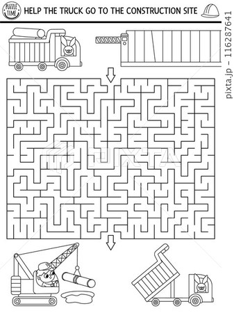 Construction site black and white geometrical maze for kids with road repairing workers, cars. Building works line preschool printable activity. Labyrinth game, coloring page with crawler crane, Construction site black and white geometrical maze for kids with road repairing workers, cars. Building works line preschool printable activity. Labyrinth game, coloring page with crawler crane, 116287641