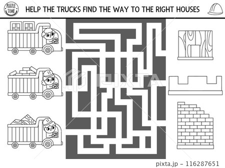 Construction site black and white maze for kids with trucks and drivers taking different materials to houses. Building works printable activity, labyrinth game, coloring page, puzzle with homes Construction site black and white maze for kids with trucks and drivers taking different materials to houses. Building works printable activity, labyrinth game, coloring page, puzzle with homes 116287651