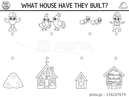 Construction site black and white matching activity with animal builders and houses. Building works puzzle. Match the objects game, printable worksheet. Repair service coloring page 116287674