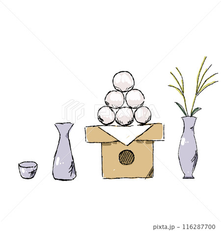 月見団子、おちょこ、とっくり、すすき、お月見手描きイラスト3点セット 月見団子、おちょこ、とっくり、すすき、お月見手描きイラスト3点セット 116287700