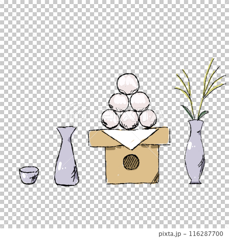 月見団子、おちょこ、とっくり、すすき、お月見手描きイラスト3点セット 月見団子、おちょこ、とっくり、すすき、お月見手描きイラスト3点セット 116287700