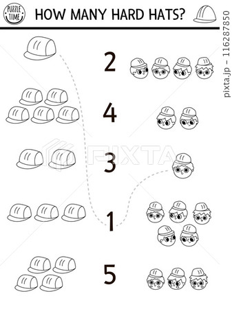 Match the numbers black and white construction site game with builders, hard hat. Building works math activity for kids. Repair service educational counting worksheet, coloring page with helmet 116287850