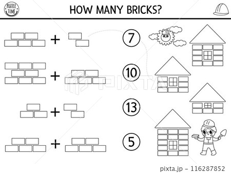Match the numbers black and white construction site game with builder and buildings. Math activity for kids with worker. Educational counting worksheet, coloring page. How many bricks in house 116287852