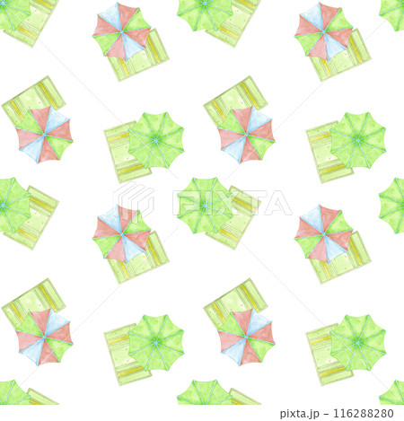 Hand drawn watercolor beach umbrella and towel seamless pattern isolated on white background. Marine illustration can be used for textile, fabric, wrapping and other printed products. 116288280
