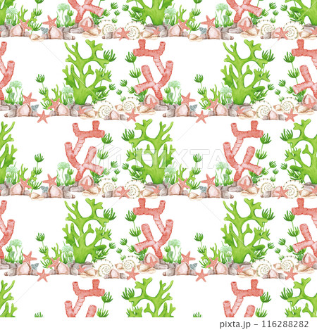 Hand drawn watercolor corals and seashells seamless pattern isolated on white background. Marine illustration can be used for textile, fabric, wrapping and other printed products. 116288282