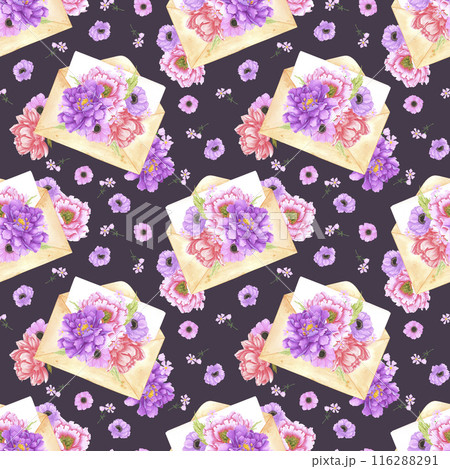 Hand drawn watercolor letter with bouquet of flowers seamless pattern isolated on dark background. Can be used for textile, fabric and other printed products. 116288291