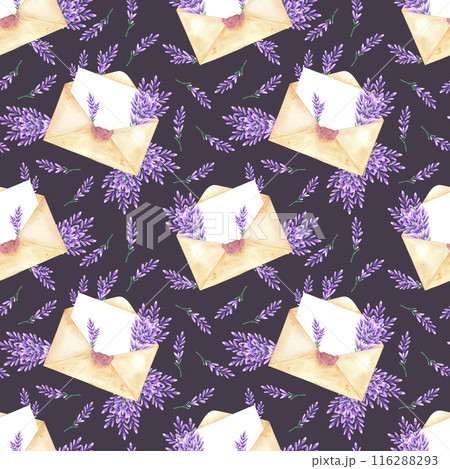 Hand drawn watercolor letter with lavender flowers seamless pattern isolated on dark background. Can be used for textile, fabric and other printed products. 116288293