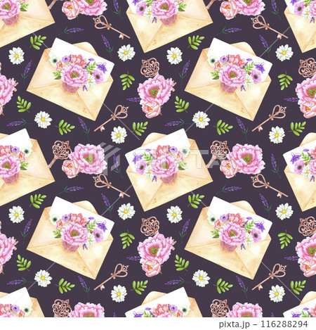 Hand drawn watercolor letter with bouquet of flowers and vintage keys seamless pattern isolated on dark background. Can be used for textile, fabric and other printed products. Hand drawn watercolor letter with bouquet of flowers and vintage keys seamless pattern isolated on dark background. Can be used for textile, fabric and other printed products. 116288294