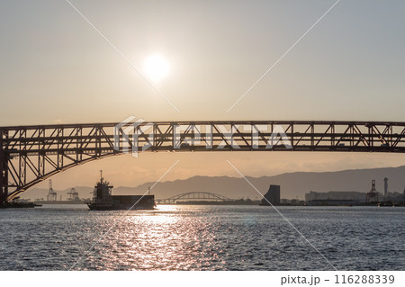 夕刻の鶴浜緑地から見た阪神高速の港大橋 夕刻の鶴浜緑地から見た阪神高速の港大橋 116288339