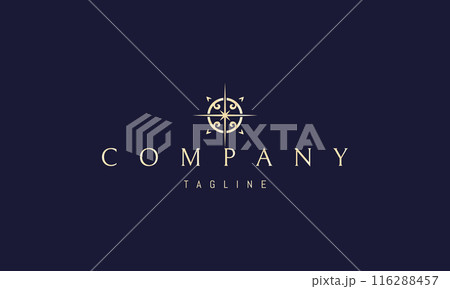 A vector golden logo with an abstract image of a compass with a star in the center. 116288457