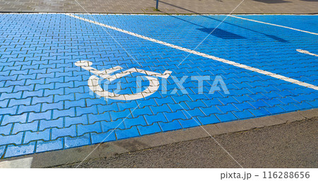 The disabled sign, detail of a signal in a parking support The disabled sign, detail of a signal in a parking support 116288656