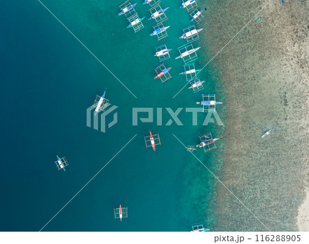 Aerial view of boats anchored in the bay with clear and turquoise water. Boats in the tropical lagoon. Palawan island, Philippines. 116288905
