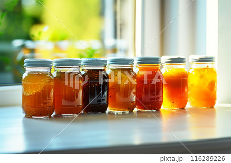 Jars of homemade peach, plumps and berries jam on window sill 116289226
