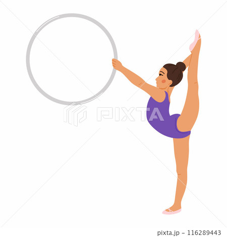 gymnast girl in a purple swimsuit does an acrobatic element with a hoop. An illustration on the topic of sports. gymnast girl in a purple swimsuit does an acrobatic element with a hoop. An illustration on the topic of sports. 116289443