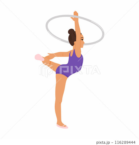 gymnast girl in a purple swimsuit does an acrobatic element gymnast girl in a purple swimsuit does an acrobatic element 116289444