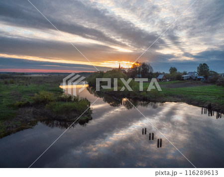 Morning landscape, sunrise on the river. Morning landscape, sunrise on the river. 116289613