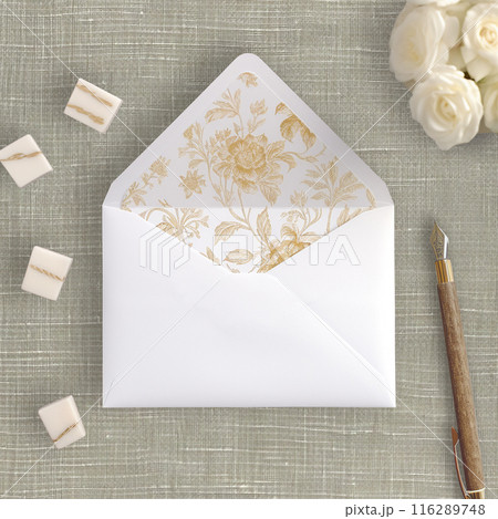 Envelope Liner with a nib pen. Styled photo mock-up, template Envelope Liner with a nib pen. Styled photo mock-up, template 116289748