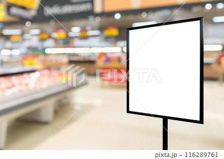 Blank price board with fresh food in supermarket abstract blurred background Blank price board with fresh food in supermarket abstract blurred background 116289761