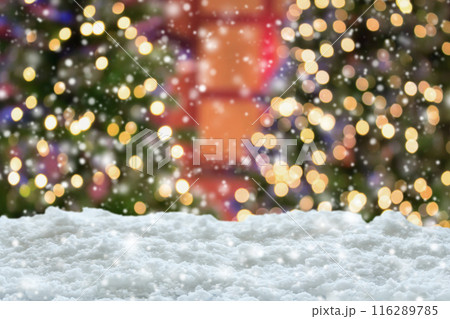 Empty white snow with blur Christmas tree with bokeh light background 116289785