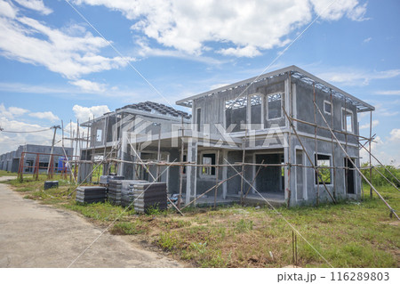 construction residential new house with prefabrication system in progress at building site construction residential new house with prefabrication system in progress at building site 116289803