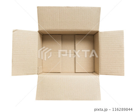 Open empty brown cardboard box isolated on white background top view Open empty brown cardboard box isolated on white background top view 116289844