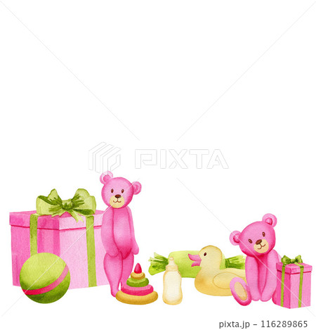 Pink teddy bears standing with a ball, pyramid, toy duck, gift boxes, sweet. Watercolor cute baby hand drawn illustration for cards, posters, decor 116289865