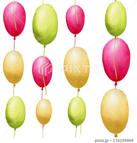 Seamless pattern with hand painted pink, green, yellow balloons isolated on white background. Handmade watercolor illustration for wrapping paper 116289866