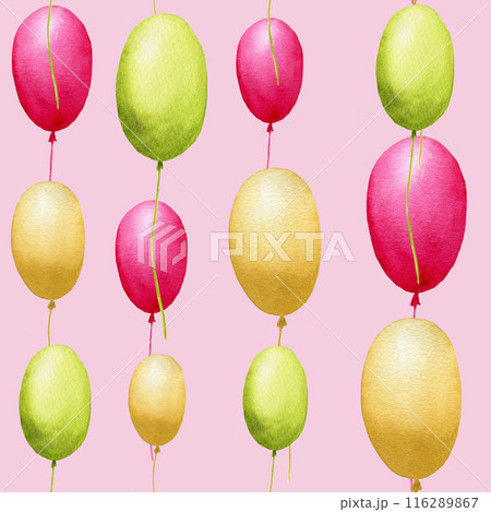 Seamless pattern with hand painted pink, green, yellow balloons isolated on pink background. Handmade watercolor illustration for wrapping paper 116289867