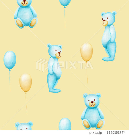 Seamless watercolor pattern with blue toy bears and blue and yellow balloons. Handmade watercolor illustration on yellow background for boys 116289874