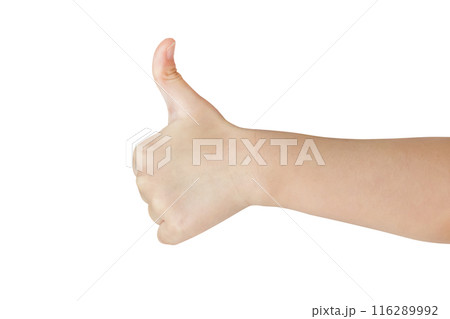 Kid hand gesture thumb up sign isolated on white background Kid hand gesture thumb up sign isolated on white background 116289992