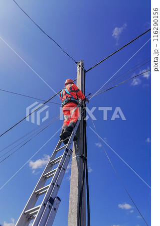 Electrician for high-speed cable Internet networks works at height on elongated stepladder leaning on a pole against a background of blue sky. Making connections, disconnections, access maintenance 116290156