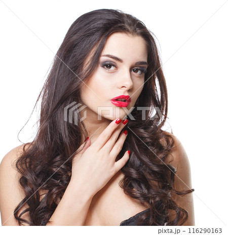Beautiful hairstyle brunette long hair woman with natural classic hairs curly isolated  116290163