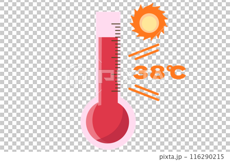 Summer thermometer recording 38 degrees Celsius. Extreme heat. 38 degrees. Vector illustration 116290215