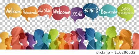 Silhouette multicultural people side from different country and continents with speech bubbles with text -Welcome- in various international languages.Communication.Community. Diversity 116290332