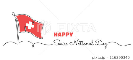 Swiss National Day banner with flag of Switzerland abstract minimal one line art drawing 116290340