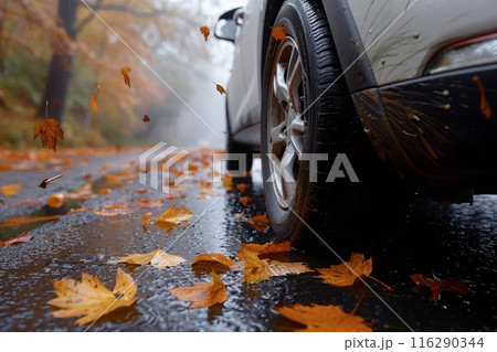 Closeup of a car with leaves stuck on wheels on a wet road in the autumn Closeup of a car with leaves stuck on wheels on a wet road in the autumn 116290344