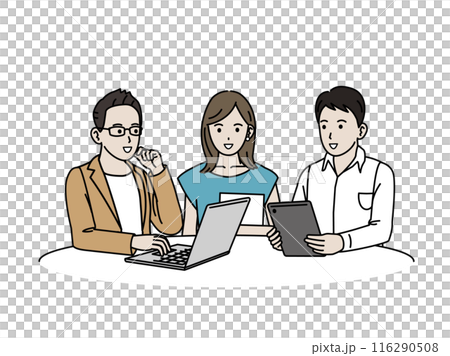 情報交換や話し合いをするビジネスパーソンやフリーランスのイラスト 116290508
