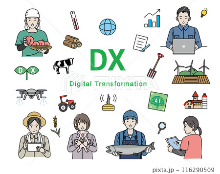 DX推進や取り組みをする一次産業のイラストセット 116290509