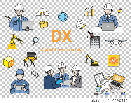 DX推進や取り組みをする建設業や製造業のイラストセット 116290512