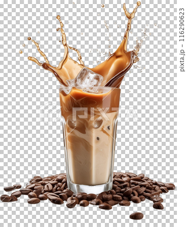 A dynamic iced coffee with ice falling and splashing. 116290623
