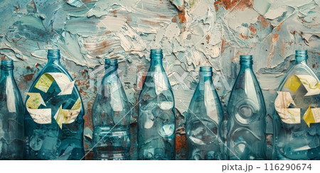 Blue Recycled Glass Bottles with Texture. Blue recycled glass bottles with recycling symbols, displayed against a textured background, emphasizing sustainability and artistic reuse. 116290674