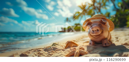 Piggy bank wearing a straw hat on a beach with starfish and seashells. Summer vacation and travel concept. Design for greeting card and postcard. Banner with copy space 116290699