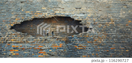 Three people standing in front of large hole in brick wall. Conceptual urban photography of damaged wall. Banner with copy space 116290727
