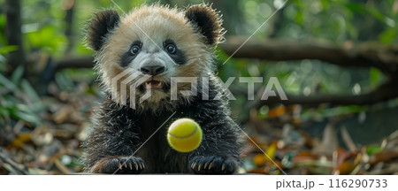 Juvenile panda playing with a yellow tennis ball in forest environment. Wildlife and playfulness concept. Nature photography. Banner with copy space Juvenile panda playing with a yellow tennis ball in forest environment. Wildlife and playfulness concept. Nature photography. Banner with copy space 116290733