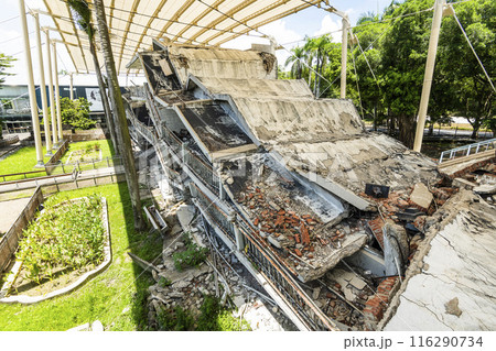 Building view of the 921 Earthquake Museum of Taiwan in Taichung, Taiwan, here is one of the ruins destroyed by the 921 earthquakes.  116290734