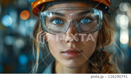 Close-up portrait of a female worker wearing protective helmet and goggles. Industrial safety concept. Macro shot. 116290741