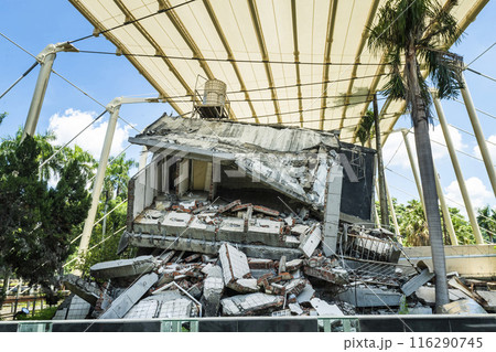 Building view of the 921 Earthquake Museum of Taiwan in Taichung, Taiwan, here is one of the ruins destroyed by the 921 earthquakes. Building view of the 921 Earthquake Museum of Taiwan in Taichung, Taiwan, here is one of the ruins destroyed by the 921 earthquakes. 116290745